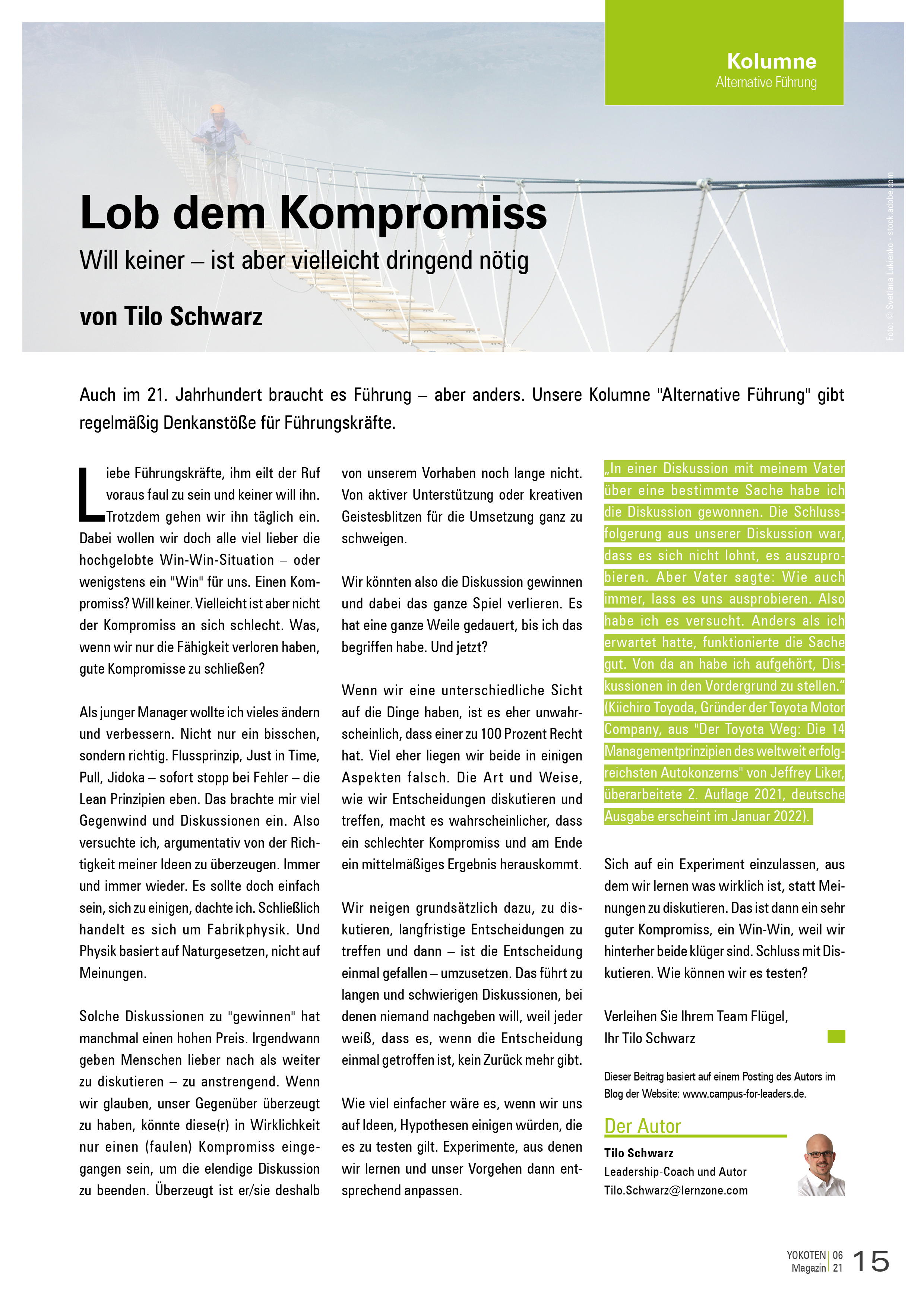 Lob dem Kompromiss - Artikel aus Fachmagazin YOKOTEN 2021-06