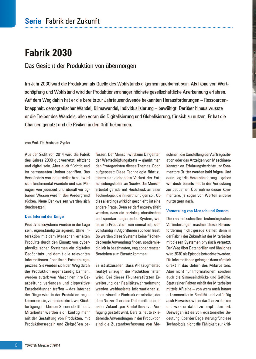 Fabrik 2030 - Artikel aus Fachmagazin YOKOTEN 2014-01
