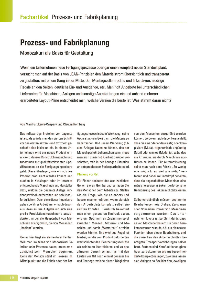Prozess- und Fabrikplanung  - Artikel aus Fachmagazin YOKOTEN 2014-02