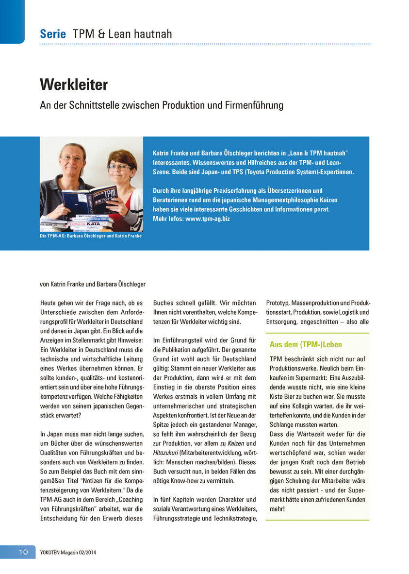 Werkleiter - Artikel aus Fachmagazin YOKOTEN 2014-02