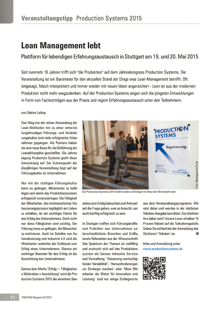 Lean Management lebt - Artikel aus Fachmagazin YOKOTEN 2015-02
