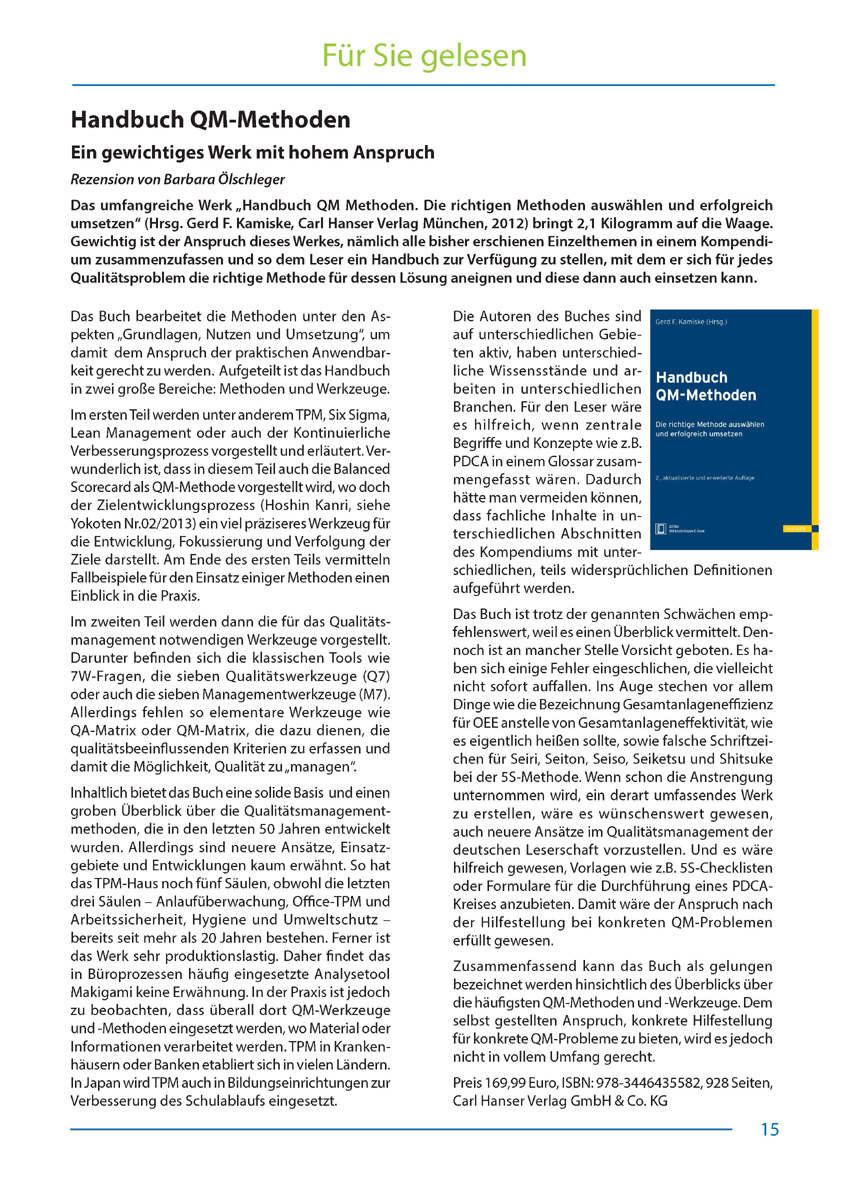 Handbuch QM-Methoden - Artikel aus Fachmagazin YOKOTEN 2013-03