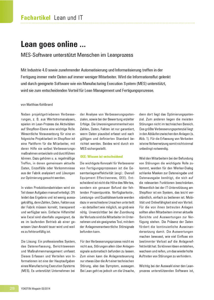Lean goes online … - Artikel aus Fachmagazin YOKOTEN 2014-03