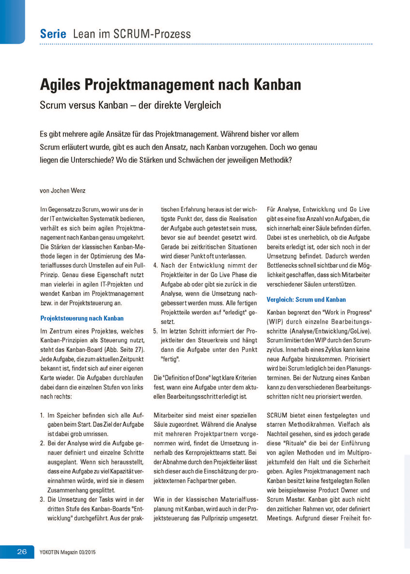 Agiles Projektmanagement nach Kanban - Artikel aus Fachmagazin YOKOTEN 2015-03