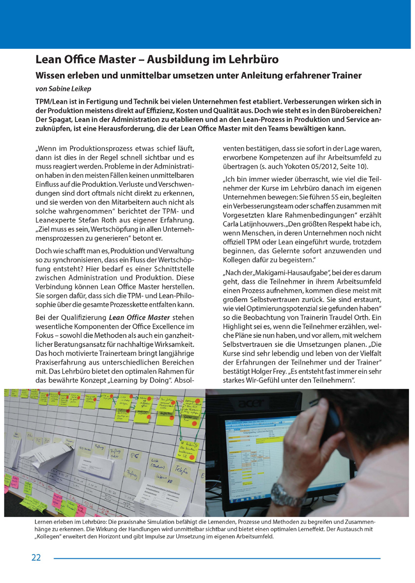 Lean Office Master – Ausbildung im Lehrbüro - Artikel aus Fachmagazin YOKOTEN 2013-04