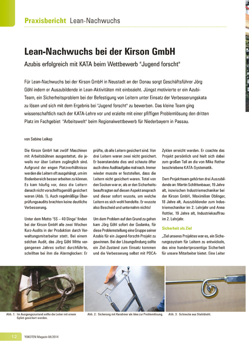 Lean-Nachwuchs bei der Kirson GmbH  - Artikel aus Fachmagazin YOKOTEN 2014-04