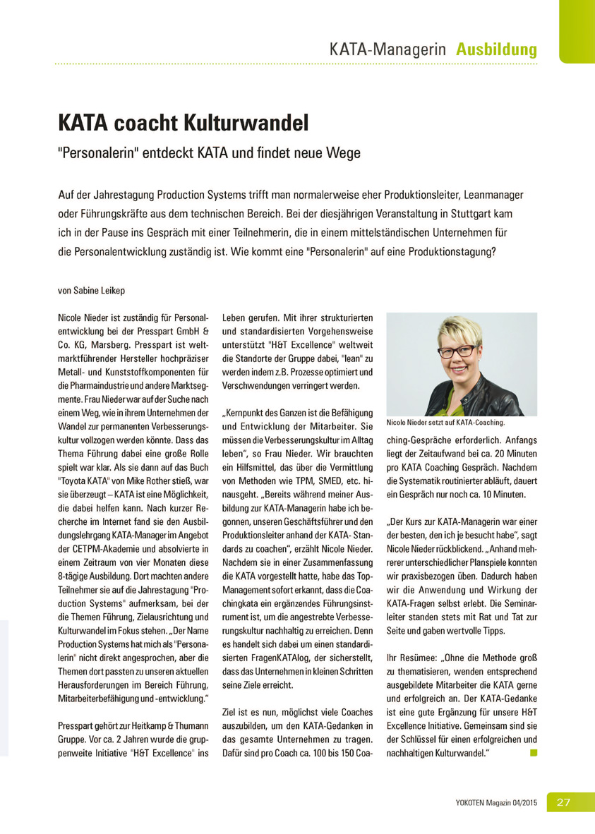 KATA coacht Kulturwandel  - Artikel aus Fachmagazin YOKOTEN 2015-04
