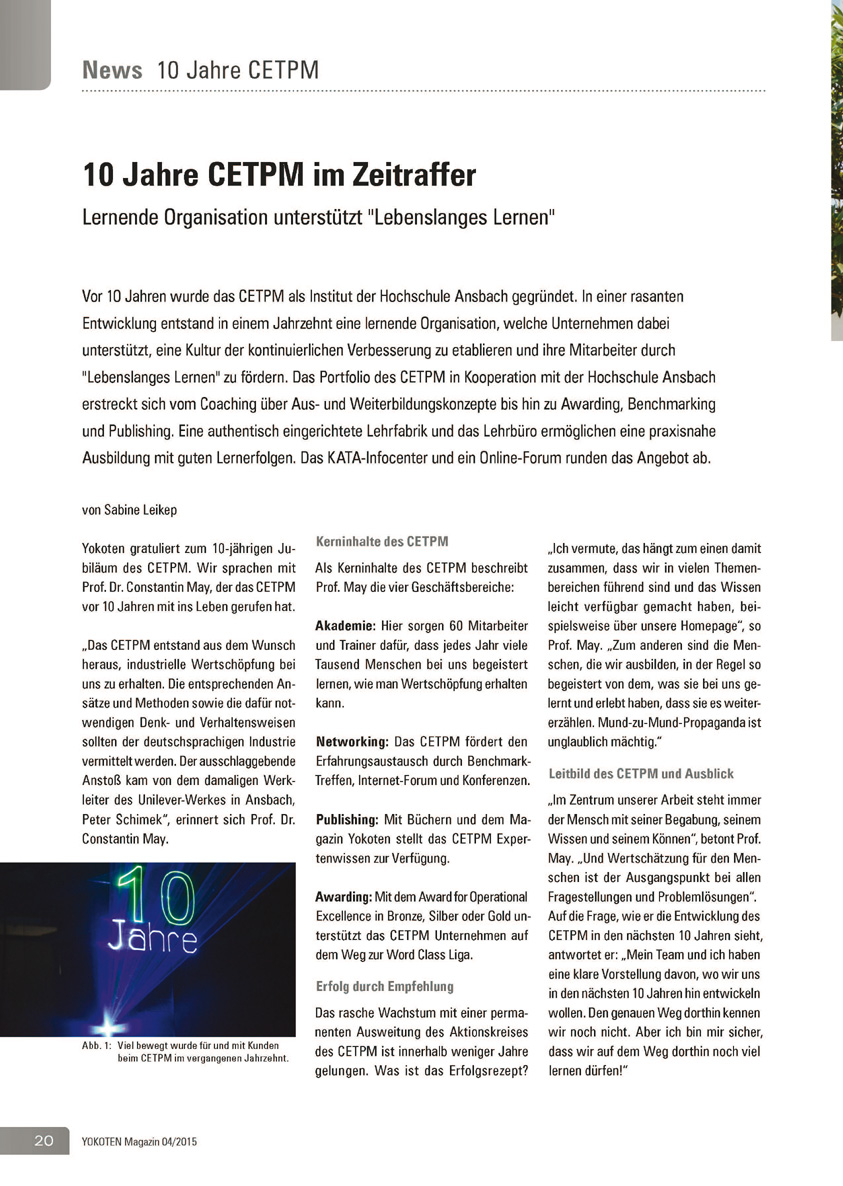 10 Jahre CETPM im Zeitraffer - Artikel aus Fachmagazin YOKOTEN 2015-04