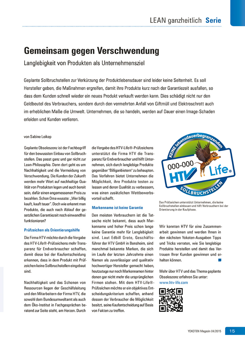 Gemeinsam gegen Verschwendung - Artikel aus Fachmagazin YOKOTEN 2015-04
