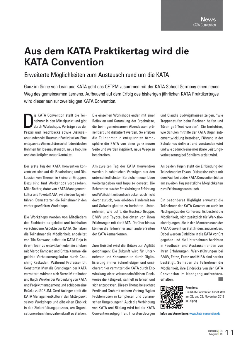 Aus dem KATA Praktikertag wird die  KATA Convention  - Artikel aus Fachmagazin YOKOTEN 2018-04