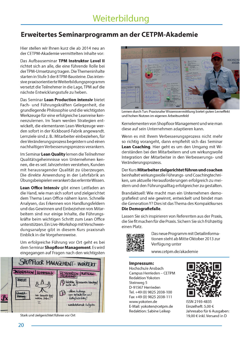 Erweitertes Seminarprogramm an der CETPM-Akademie - Artikel aus Fachmagazin YOKOTEN 2013-05