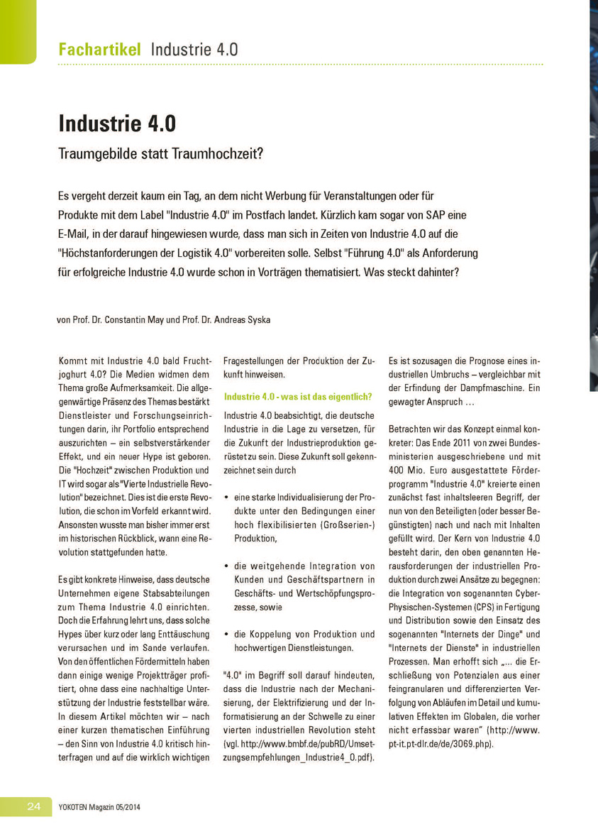 Industrie 4.0 - Artikel aus Fachmagazin YOKOTEN 2014-05