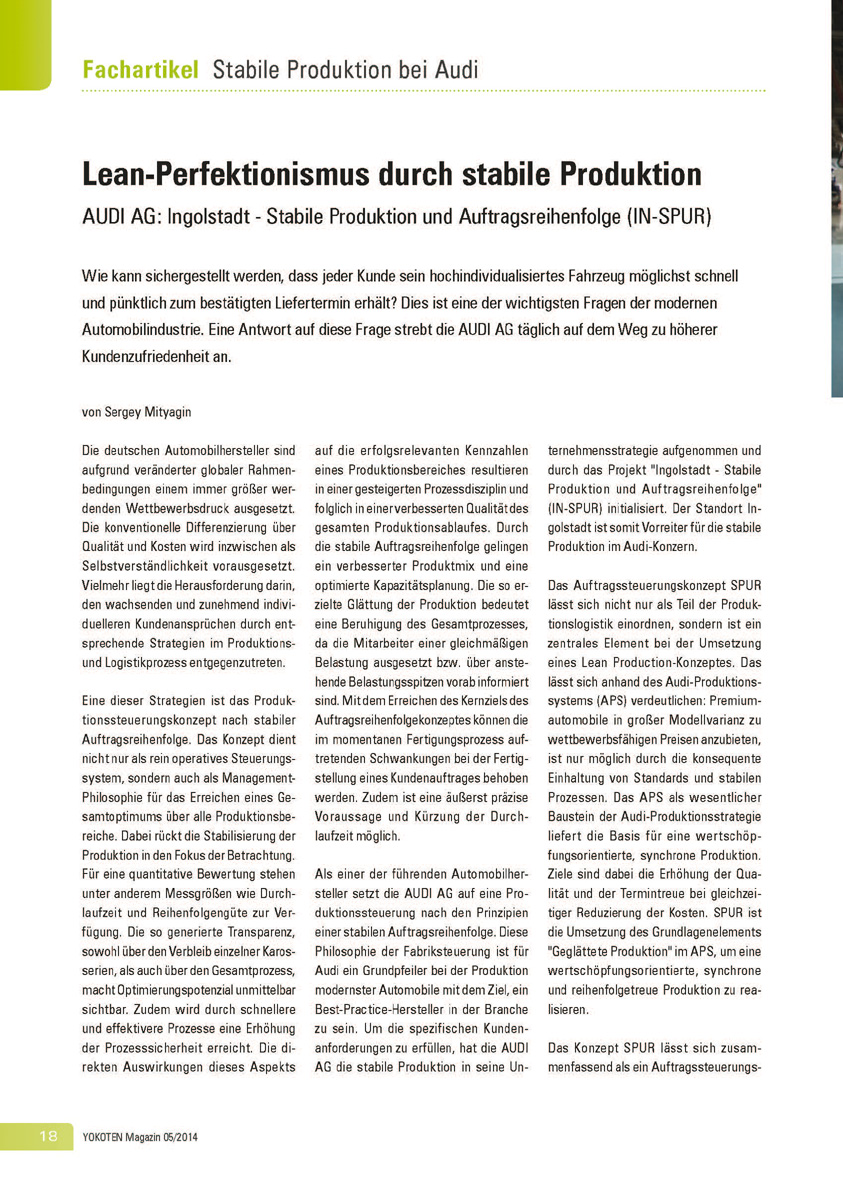 Lean-Perfektionismus durch stabile Produktion - Artikel aus Fachmagazin YOKOTEN 2014-05