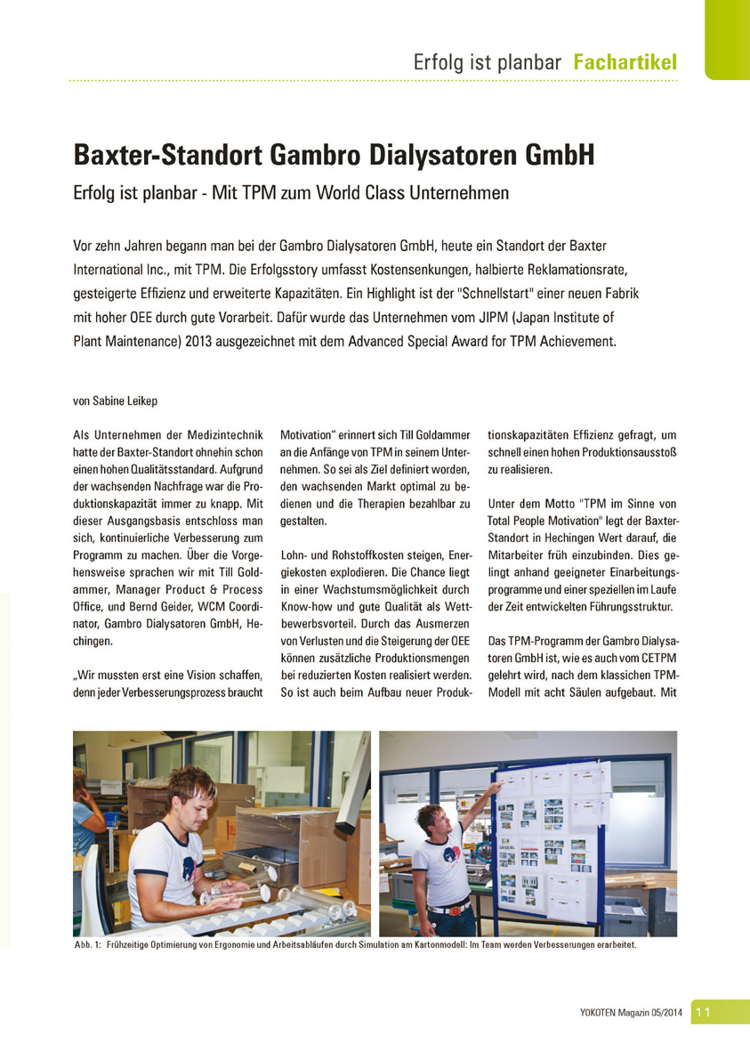 Baxter-Standort Gambro Dialysatoren GmbH  - Artikel aus Fachmagazin YOKOTEN 2014-05