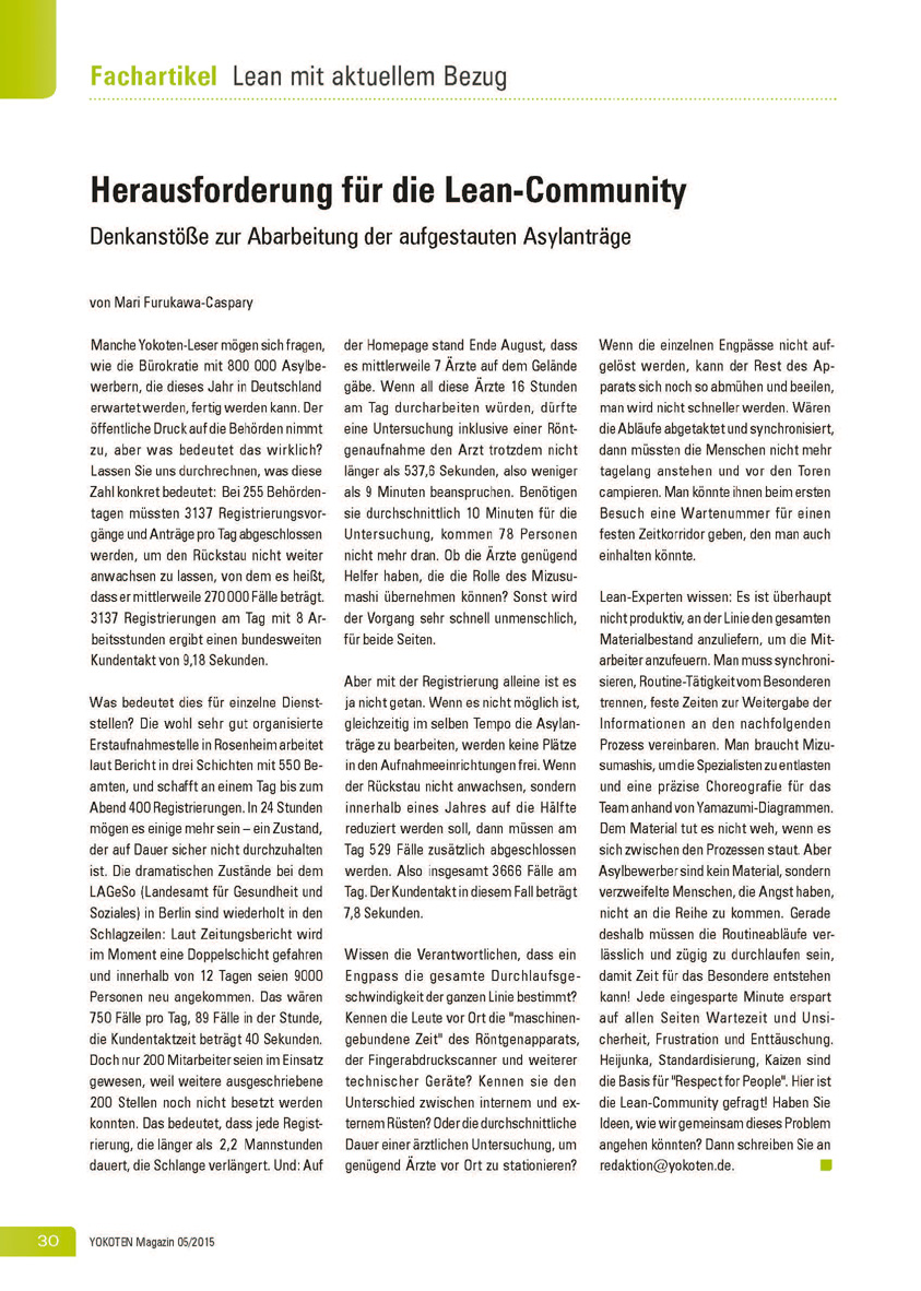 Herausforderung für die Lean-Community  - Artikel aus Fachmagazin YOKOTEN 2015-05