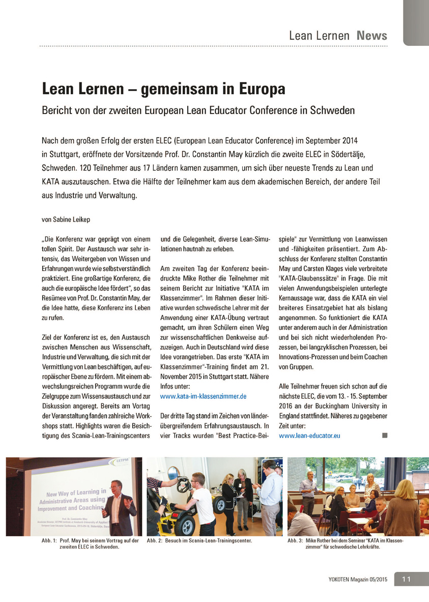 Lean Lernen – gemeinsam in Europa  - Artikel aus Fachmagazin YOKOTEN 2015-05