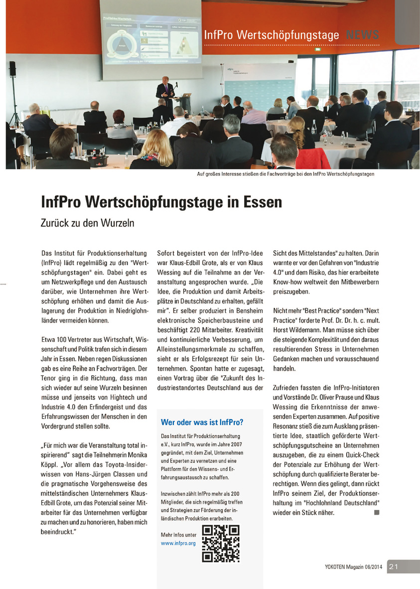 InfPro Wertschöpfungstage in Essen  - Artikel aus Fachmagazin YOKOTEN 2014-06