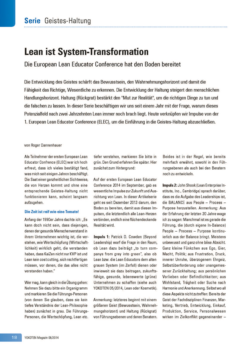Lean ist System-Transformation - Artikel aus Fachmagazin YOKOTEN 2014-06