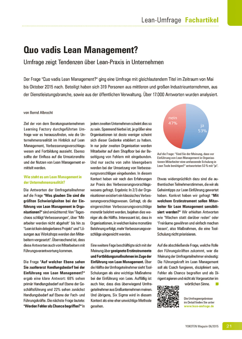 Quo vadis Lean Management? - Artikel aus Fachmagazin YOKOTEN 2015-06