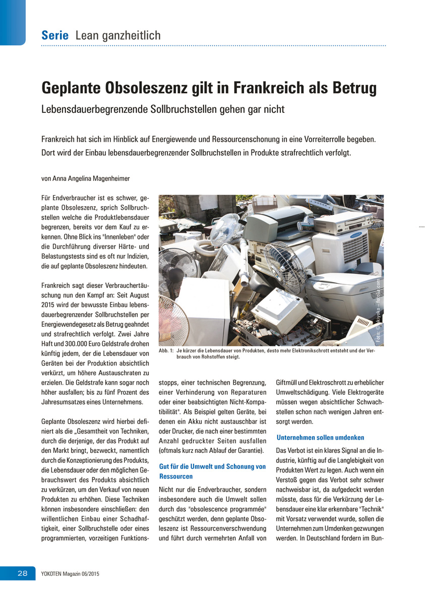 Geplante Obsoleszenz gilt in Frankreich als Betrug  - Artikel aus Fachmagazin YOKOTEN 2015-06