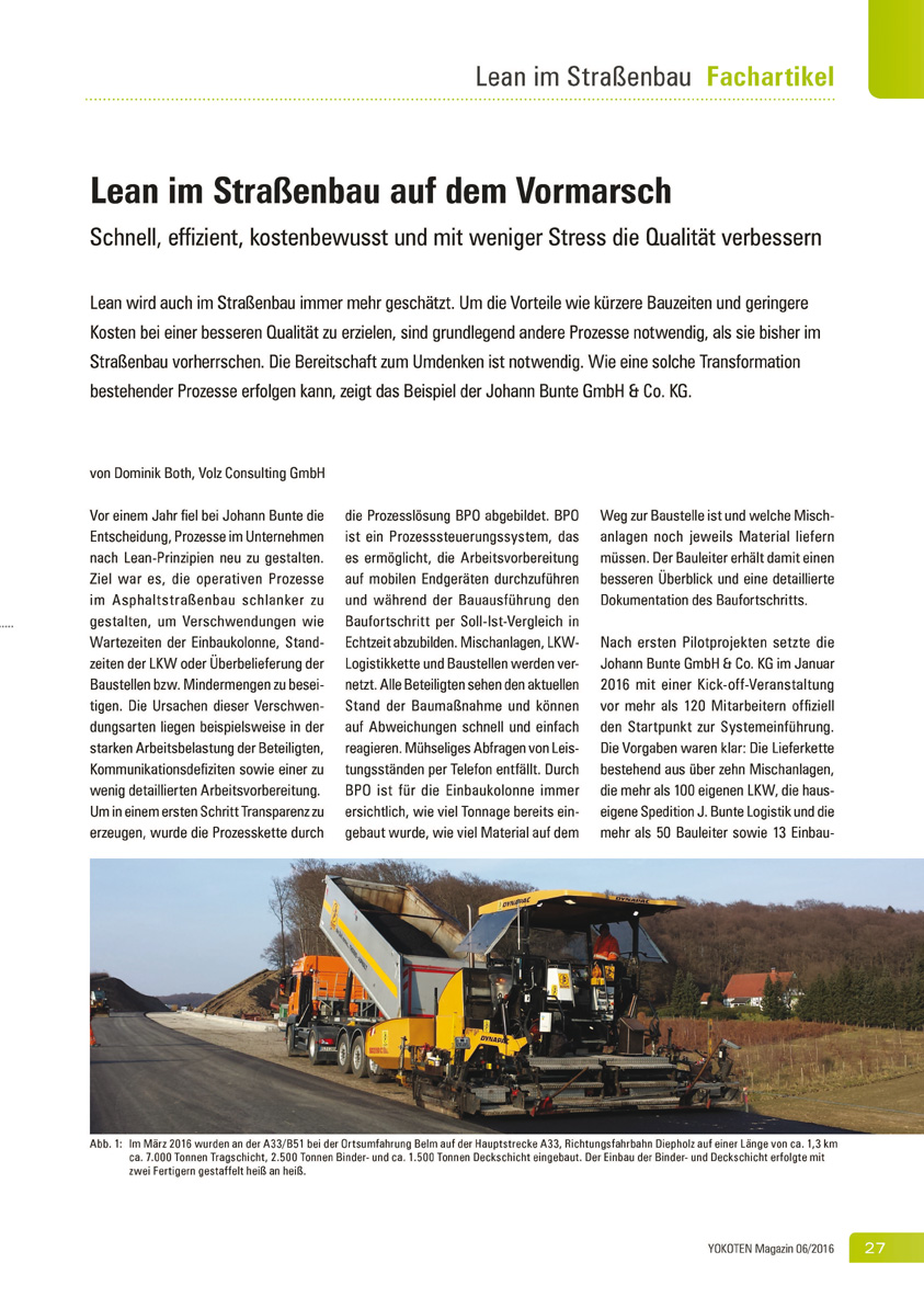 Lean im Straßenbau auf dem Vormarsch - Artikel aus Fachmagazin YOKOTEN 2016-06