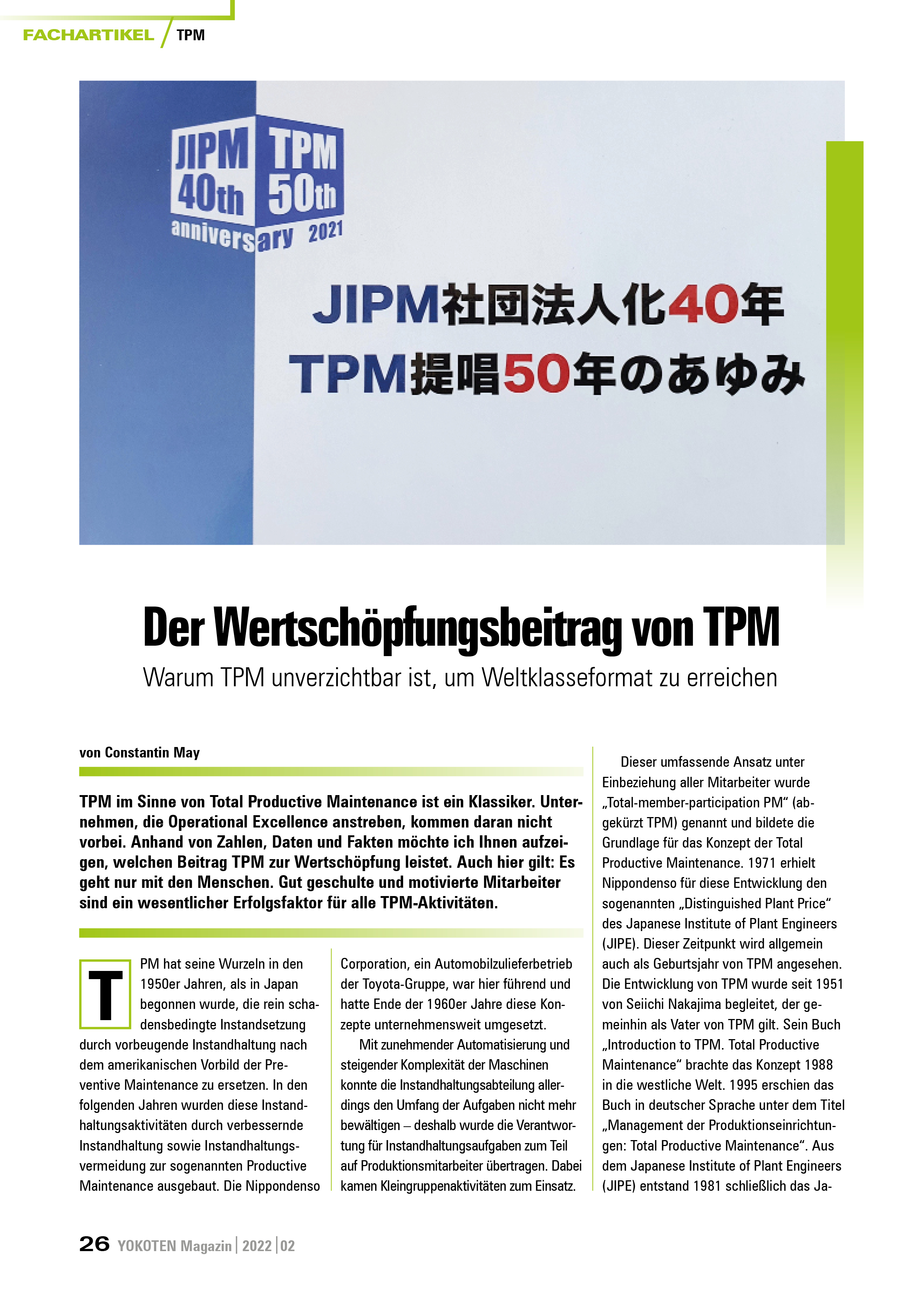 Der Wertschöpfungsbeitrag von TPM - Artikel aus Fachmagazin YOKOTEN 2022-02
