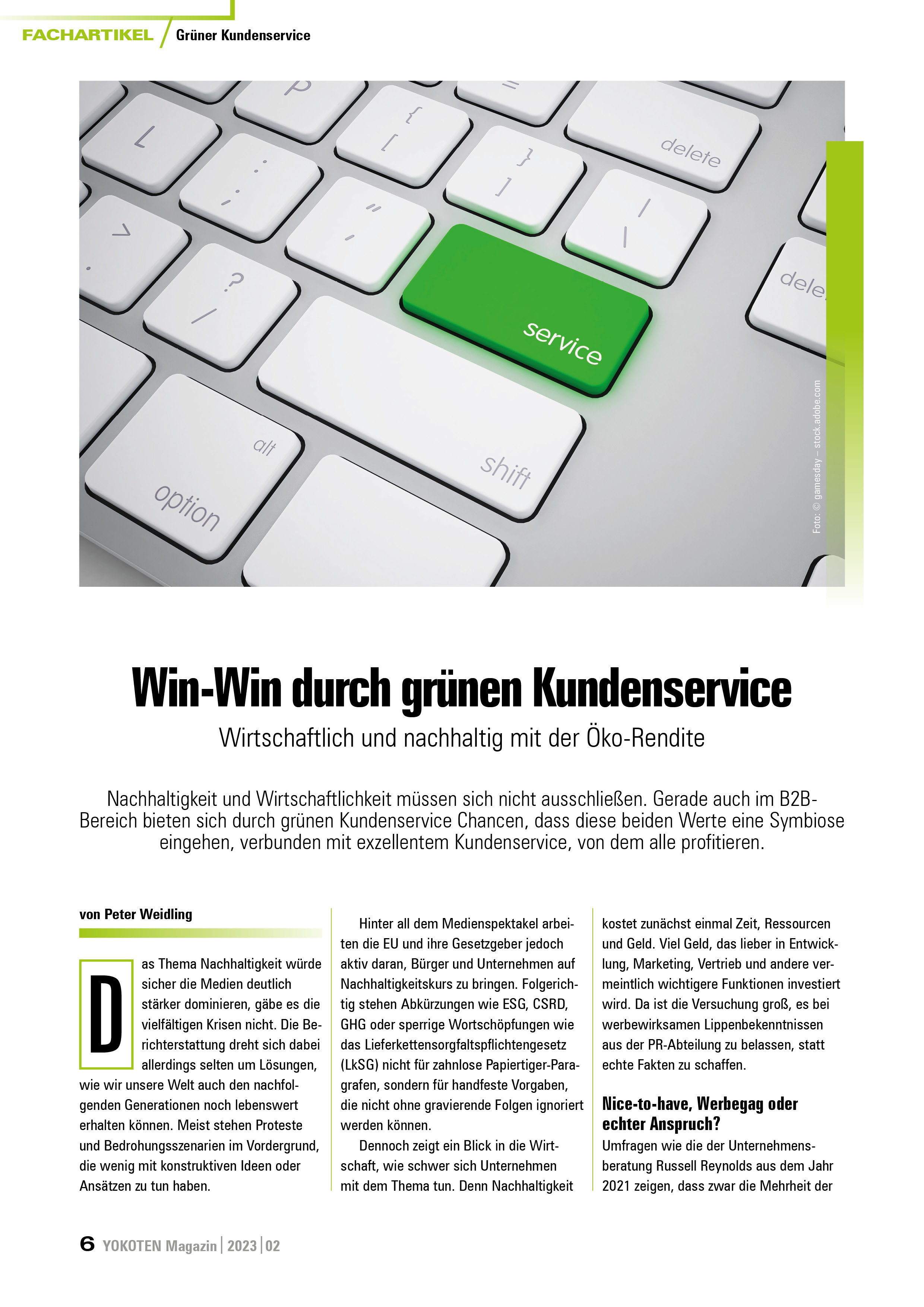 Win-Win durch grünen Kundenservice - Artikel aus Fachmagazin YOKOTEN 2023-02