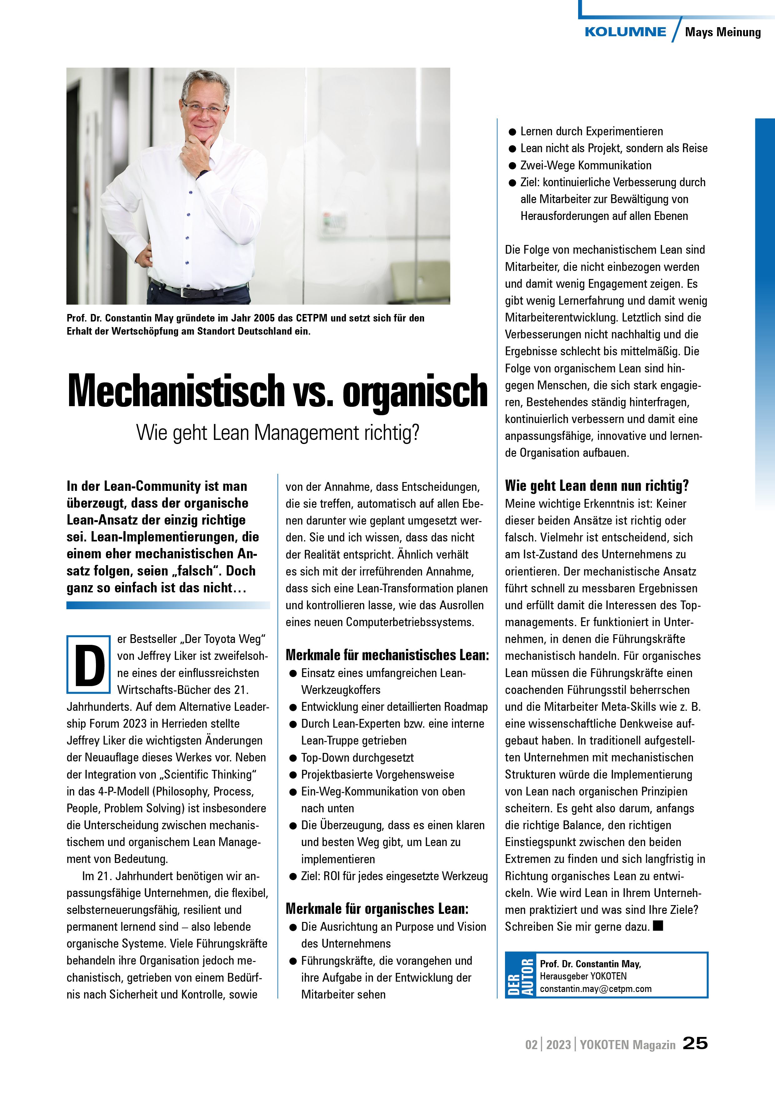 Mechanistisch vs. organisch - Artikel aus Fachmagazin YOKOTEN 2023-02