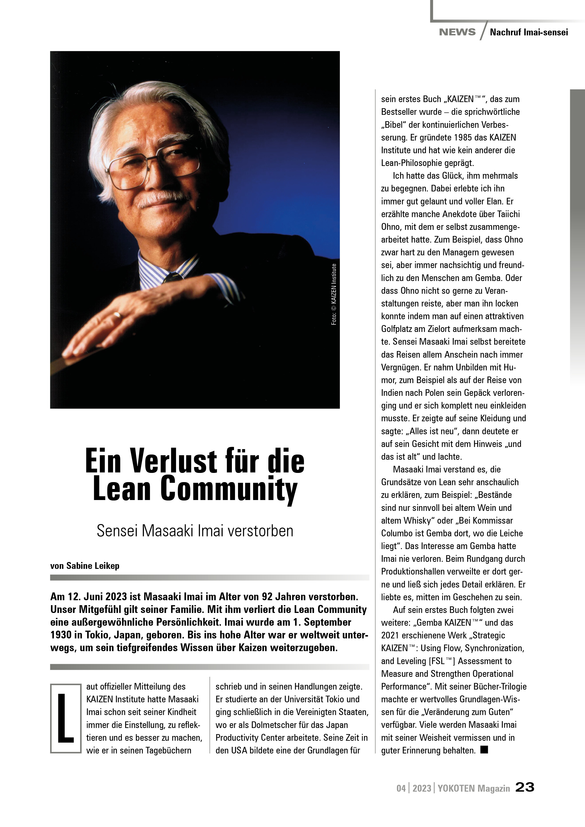 Ein Verlust für die Lean Community - Artikel aus Fachmagazin YOKOTEN 2023-04